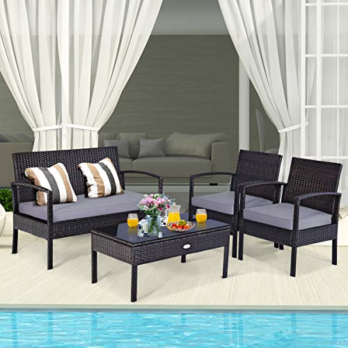 Image of Carry Bird 4 Piece PE Wicker Rattan Outdoor Furniture | 4 Seater Balcony Sofa With Tea Table | Set of 2+1+1 Outdoor Patio Chairs with Coffee Table | Sofa Sets & Center Table for Home & Garden | 3 Piece Patio Stools with Table | Indoor Patio Furniture Set Space Saving | Rattan Chair | Patio Set | Wicker Conversation Set | Poolside Lawn Arm Chairs Set For Balcony & Terrace | Balcony Table chair Set | Hotel Patio Seating Chair & Table Set with Glass | Brown Sofa Grey Cushion