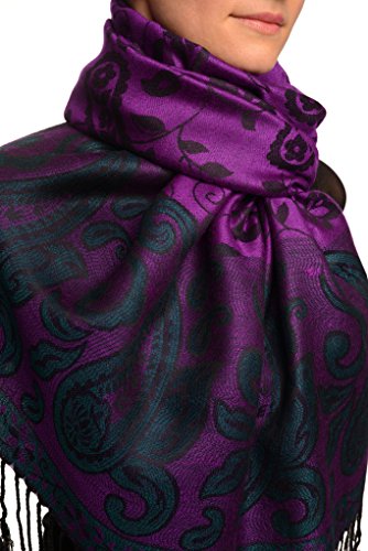 Pashmina violet à franges douceur thermique et imprimés fleuris