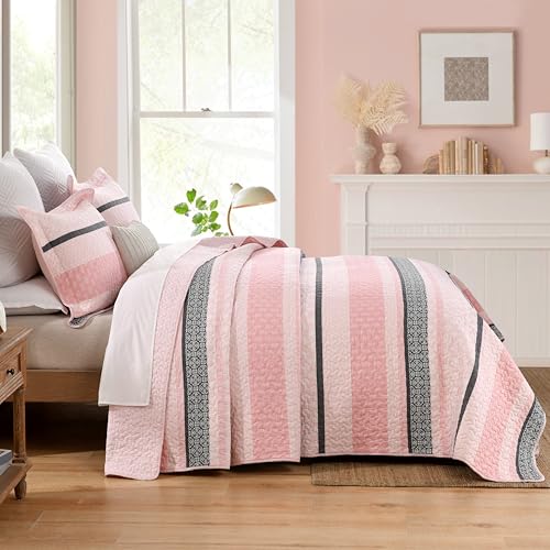 Image of Homzard Quilts Queen Size, Cotton Comforter Set, Light Pink and Grey Queen Bed Set, Lightweight Striped Bedding, Farmhouse Bedspread All Season 3 Pieces
