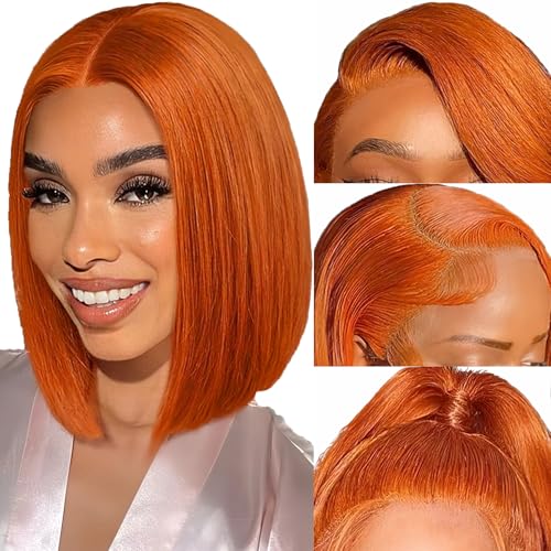 Baseze Ginger Bob Wig Human Hair 13x4 Lace Front Wigs 12 Inch Short Straight Orange Ginger Glueless Pre Plucked 180% Density Natural Hairline Wigs for Black Women