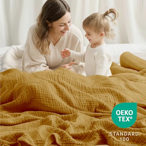 Image of 100% Cotton Muslin Blanket Large 50 inchx 70 inch, 6 Layers Breathable and Lightweight Cotton Throw Blankets for Couch, Soft Cooling Summer Gauze Blanket for Adults All Season, Mustard