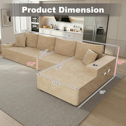 Image of 138 inch Cloud Sectional Couch with L Shape Chaise, Frameless Corduroy Sofa, Higher 17.7 inch Seat Height, 32D Pure Foam, Built in Cup Holders, No Assembly Required (Camel, Right Facing Chaise)