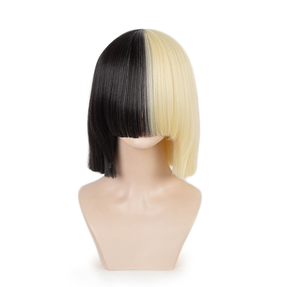 SiYi Half Blonde Black 2 Tone Short Straight Bob Wig Synthetic Full Wigs Should Length Cosplay Wigs with Bangs for Women Girls