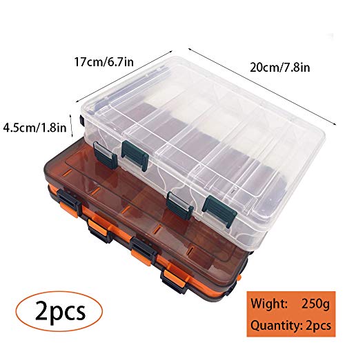 NAMIS 2pcs Angelbox, 10 Fach Köderbox, Transparent und Orange Angelkoffer mit Griff, Hardbaits Box Kunstköder Box Tackle Box für fliegenfischen fliegen kunstköder Blinker Angeln(20 x 17 x 4,5cm)