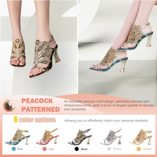 Women's Rhinestone Peacock Patterned Handmade Sandals with Chunky Heel4