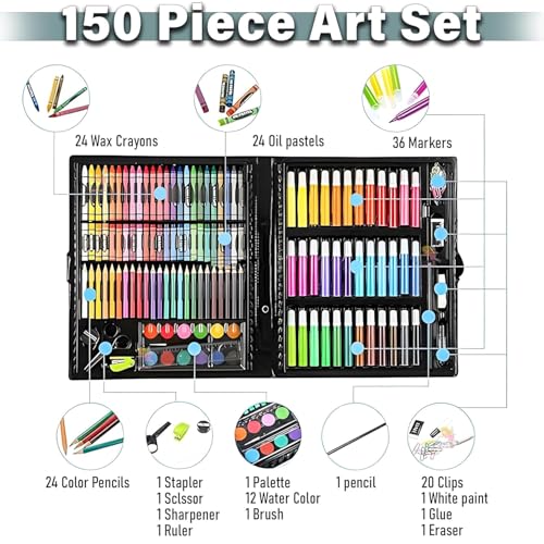 Image of FIRSTMILE 150 Pieces Art Set for Kids with Case, Art and Craft Supplies Kit for Drawing and Painting, Color Set with Markers, Water Colors, Brush, Color Pencils, Crayons (Pack of 1, Black)