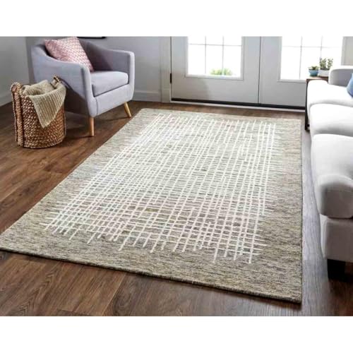 Image of Modern (High Low Pile) Pattern Wool Carpet with Loop Texture Yarn Anti Shedding Carpet Size 4x6 Feet B1 Beige Ivory Color