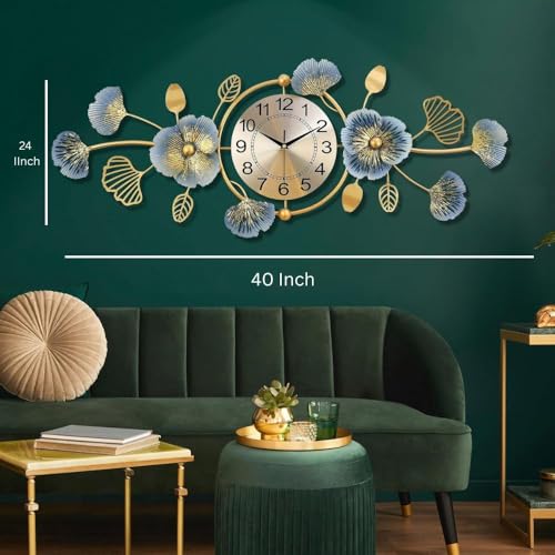 Image of Large Metal Multicolor Leaf Wall Clock Floral Design Modern Decorative Big Clock for Living Room, Bedroom, Office, Dining (Size 40x24 Inch)