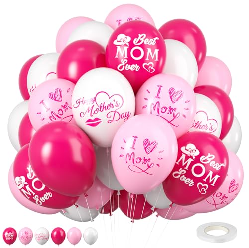 Mother's Day Balloons, 12 Inch Mom Latex Balloons, I Love You Mom Printed Decorations for Mother's Theme Party Supplies and Arch Decorations