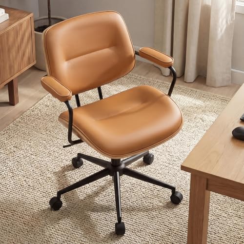 Image of Mid Century Modern Office Chair with Adjustable Backrest, Wooden Desk Chair with Armrests, Swivel Height Adjustable Home Office Chair, Comfortable Task Chair for Home Office, Brown