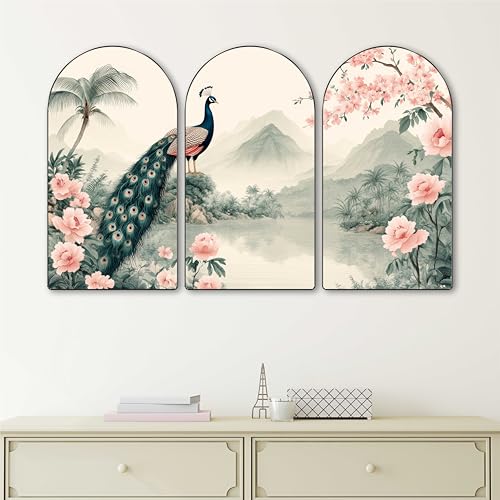 Image of Livin'luxe Peacock Wall Art | Set of 3 MDF Panel Paintings | Scenic Mountain & Floral Theme Decorative Wall Hanging for Living Room, Bedroom, Office & Home Interiors (20 x 30 Inch) RPNS-09