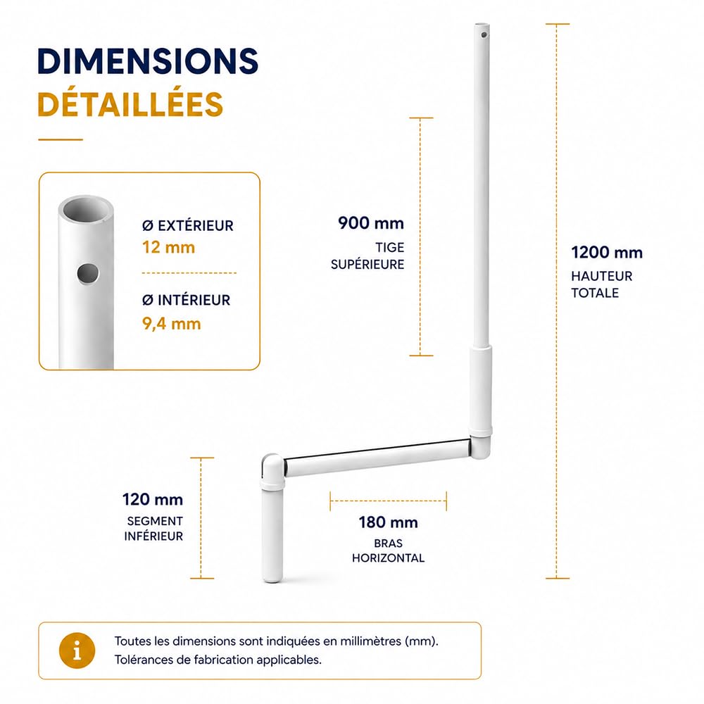 Manivelle Complète Blanche pour Volet Roulant Manuel - 120 cm - Tige Acier - Poignée Ergonomique - Sortie Ronde Ø12 mm