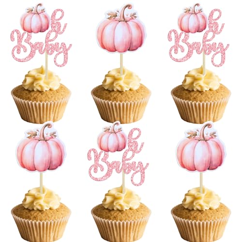 Ephlyn EPH-2022-062-37-P 24Pcs Oh Baby Pumpkin Cupcake Toppers Girl Baby Shower Decorations Pumpkin Birthday Decorations Cupcake Picks Pumpkin Gender Reveal Cupcake Toppers Pink cover