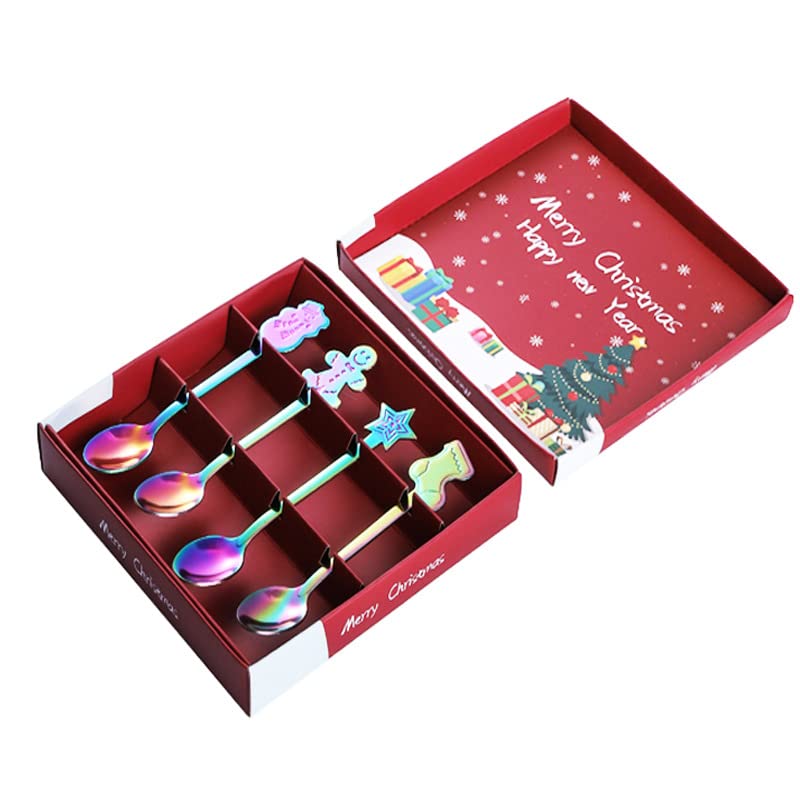 Wakects Set di Cucchiaini da caffè in Acciaio Inox, Set di Cucchiai da Dessert Natalizi, 4 Pezzi, Cucchiai per Mescolare il tè, Lucidati a Specchio, con 4 Modelli, per caffè, tè, Dessert, Amici di