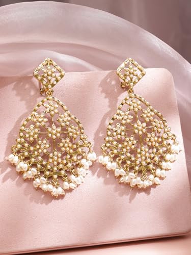 Image of Rubans Chandbali Earrings Kundan Pearl Beads Traditional Wedding Jewellery for Women & Girls