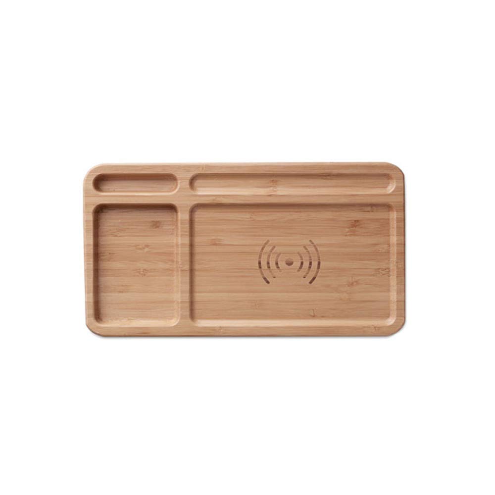 Organiseur de bureau durable avec station de charge inductive en bambou et ABS - Avec câble de charge USB de 80 cm - Chargement sans fil pour smartphones Android et iOS - Chargeur sans fil 5 W