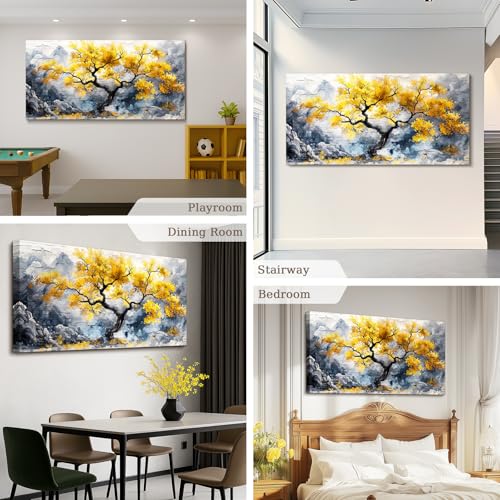 crmotu Gold Tree of Life Wall Art, Mountain Tree Extra Large Artwork, Modern Chinoiserie Landscape Paintings Prints, Neutral Wall Decorations for Living Room Bedroom Office Ready to Hang 30x60inch