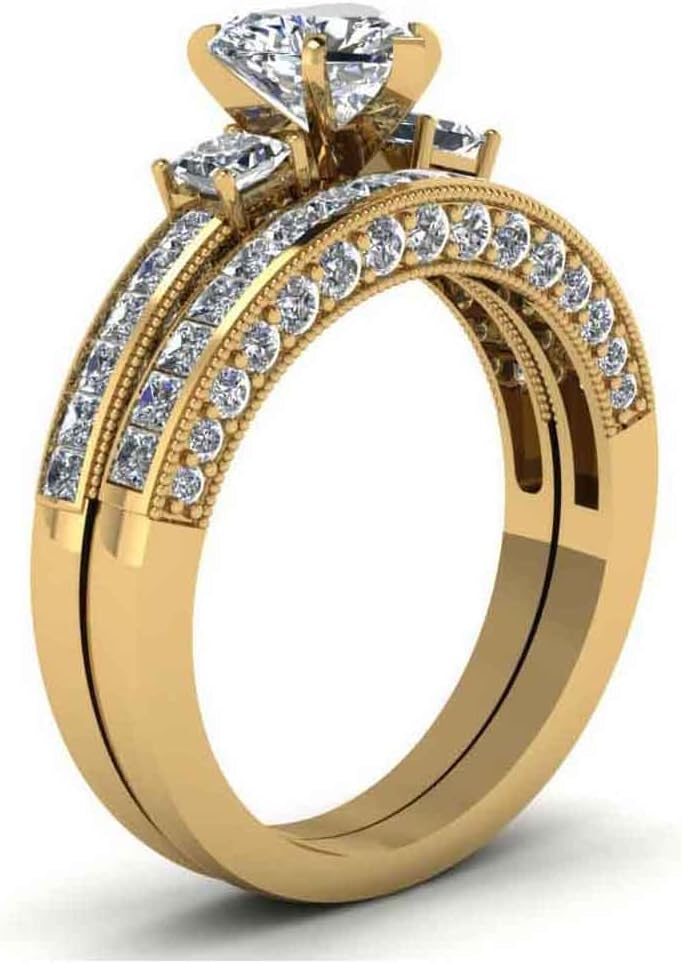 Couple Ring Bridal Set His And Hers Women 10k Yellow Gold Filled Square CZ Men Stainless Steel Band Wedding Ring Band Set