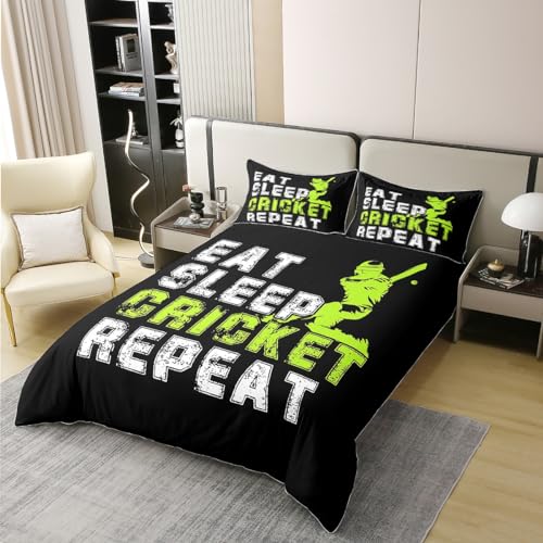 Homewish Boys 100% Cotton Duvet Cover Single,Fluorescent Green Cricket Bedding Set for Kids,Eat Sleep Cricket Comforter Cover,Sports Cricket Player Bed Sets with 1 Pillowcase - Image 2