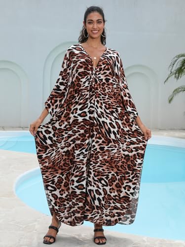 Image of IMAGEKOPE Women's Plus Size Animal Print V-Neck Batwing Kaftan Beach Dress Bathing Suit Cover-Up Loungewear
