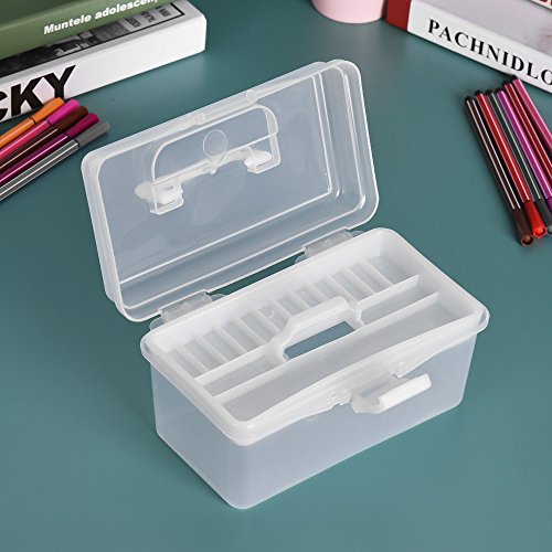 Image of Craft Storage Container with Handle 2 Layer Stack Carry Portable Plastic Bin Case Used for Organizing Stationery Sewing Jewelry Beauty Supplies (White)