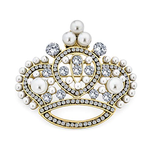 Image of Bling Jewelry Large Statement Fashion Crystal White Simulated Pearl Wedding Queen Princess Crown Brooch Pin For Women Gold Tone Rhodium Plated