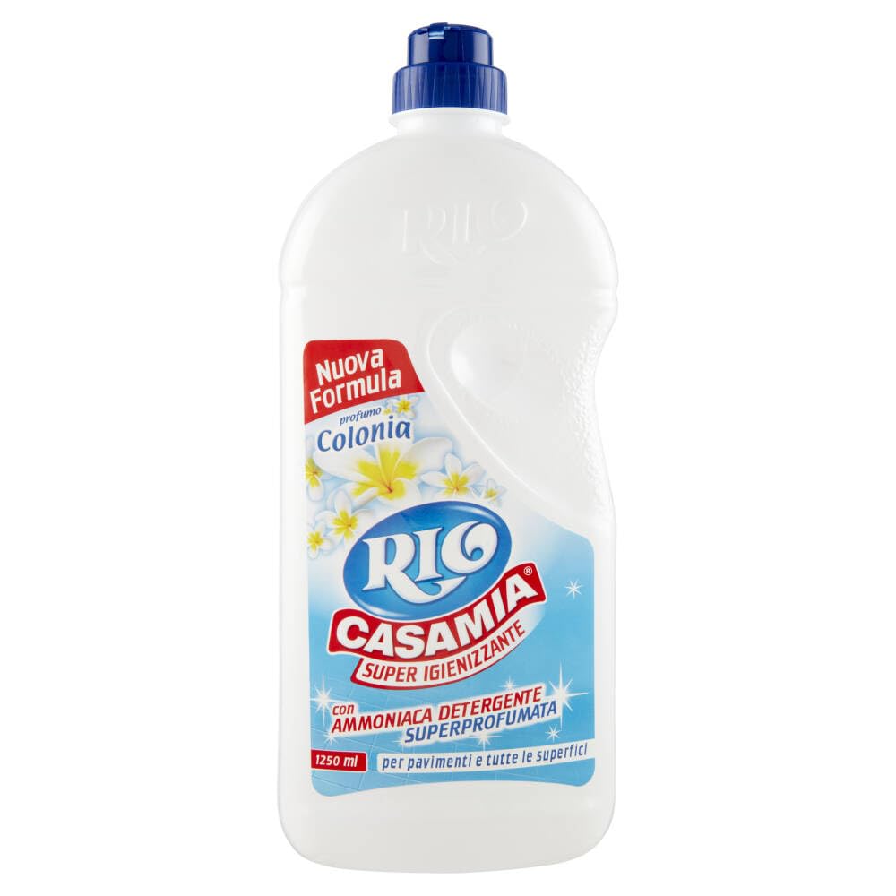 9x Rio Casa Mia - Super Igiene con Ammoniaca - Profumo Colonia - Detergente per Pavimenti e Superfici 1250ml + Portachiavi Beni Culinari in Omaggio