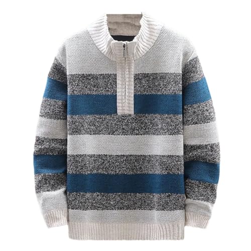Men's Winter Stand Collar Knit Pullovers Striped Half Zipper Thick Fleece Warm Sweater