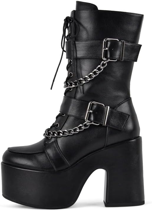 Only maker Women’s Platform Gothic Style Boots-Chunky High Heel Chain Detail Side Zipper-Punk Rock Ankle Boots for Party Clubwear Cosplay