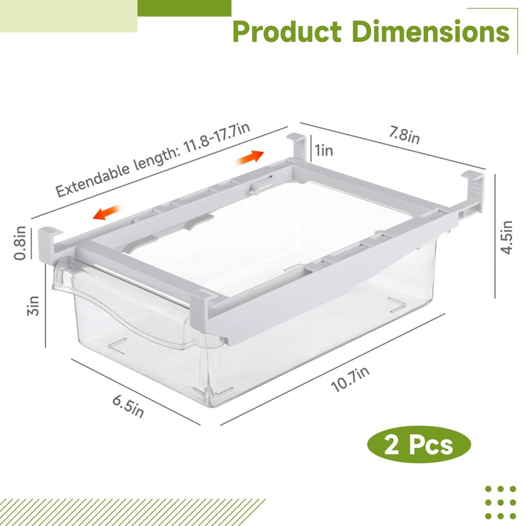 Organizadores de cajones de nevera de 2 piezas, cajones de almacenamiento ajustables para estantes de refrigerador de menos de 0.6 pulgadas