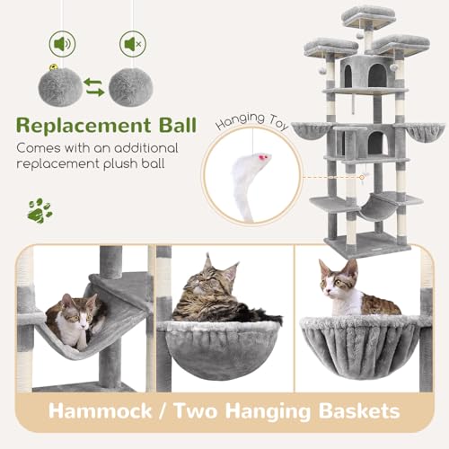 Image of Globlazer Big Cat Tower for Indoor Cats, 80inch Cat Tower for Multiple Adult Cats XXL Cat Tree with Scratching Post, Hammock, 3 Perches, 2 Condos, 2 Hanging Basket, F80, Light Grey