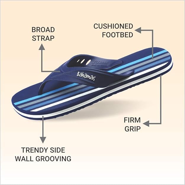 Image of Men's Flip Flops, Navy Blue Striped, Cushioned Footbed, Broad Strap, Firm Grip, Trendy Side Wall Grooving, Beach Sandals