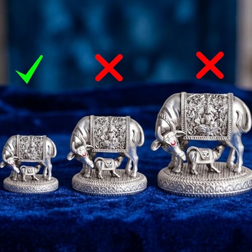 Image of ARNAVIRA 999 Silver Plated Antique Vastu Kamdhenu Cow with Calf Idol with Lakshmi Remedy for Wedding & Housewarming Gift | Pooja Room Height 2.5 Inch