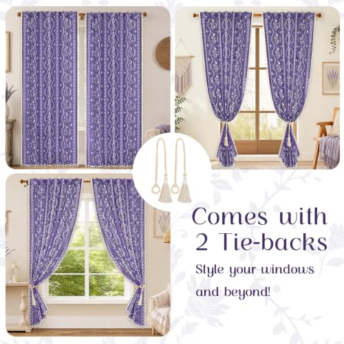 Image of Yinhua Boho Curtains for Living Room 84 Inch Length Vintage Linen Curtains for Bedroom Light Filtering Window Curtain Rod Pocket & Back Tabs Rustic Tassel Drapes with Tiebacks, Purple