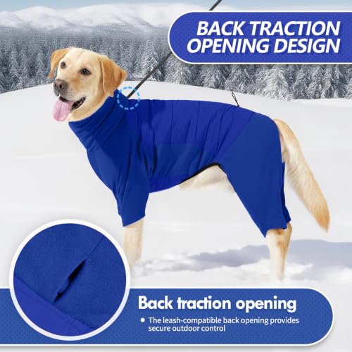 Image of BRKURLEG Full Body Dog Winter Coat Warm Fleece Pullover Pajamas, Four Legs Covered Windproof Dog Jacket for Small to Large Dogs, Turtleneck Dogs Snowsuit, Pet Cold Weather Clothes, Blue XXL