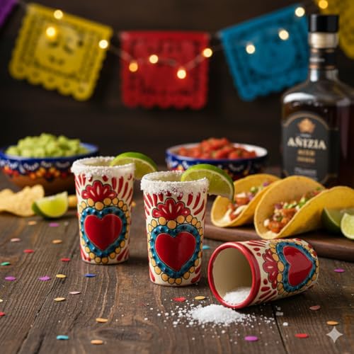 Image of Talavera Shot Glasses Set of 4 Authentic Mexican Tequila Shot Glasses - Hand-painted - 2 Oz (Sacred Heart)