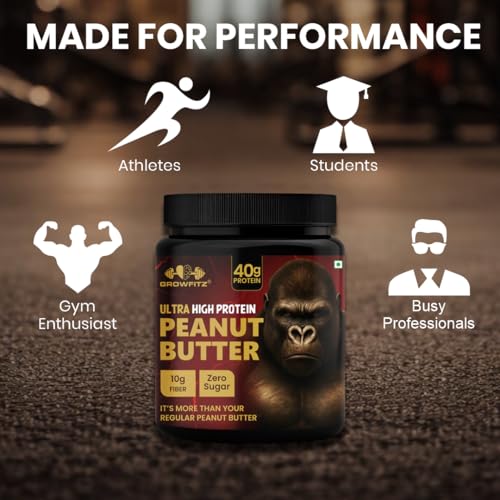 Image of Growfitz All Natural 40g High Protein Peanut Butter 800 Gram | Smooth, Unsweetened | Gluten & Cholesterol Free | 10g Fiber, Nut Butter | 100% Pure Roasted peanuts butter | Zero Trans Fat, Zero Sugar (800 Gram - Pack of 3)