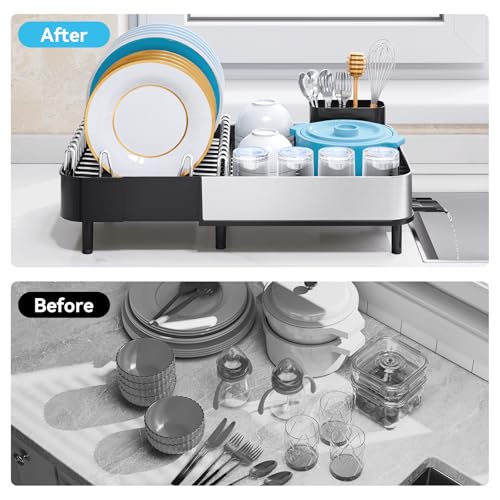 Image of Urackify Dish Drying Rack - Dish Drainer for Kitchen Counter, Stainless Steel Dish Rack with Swivel Draining Spout & Drain Board, Expandable Space-Saving Kitchen Dish Organizer for 3-4 People, Black