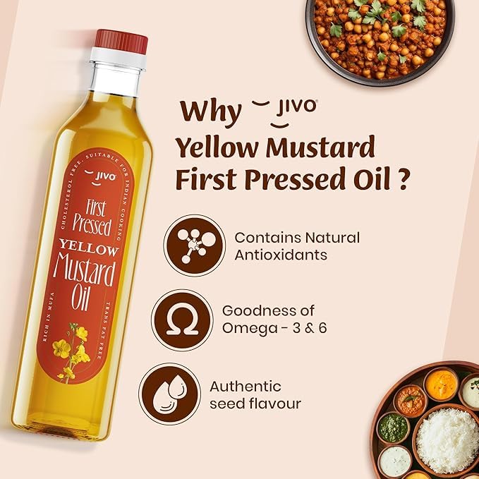 Image of Jivo First Pressed Yellow Mustard Oil 1L + 1L Offer | Cooking Oil for Indian Dishes | Contains MUFA & PUFA | Fortified with Vitamins A&D