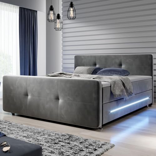 Juskys Boxspringbett Houston 140x200 cm - Doppelbett mit LED-Beleuchtung,...