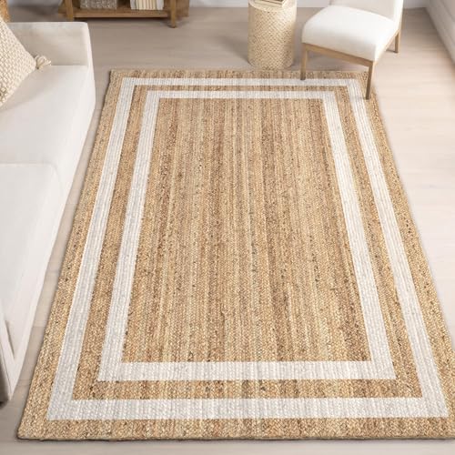 Image of Handwoven 5x8 feet Jute Rectangular Rug, Natural Fibers, Braided Reversible Carpet for Stylish Bedroom Living Room Dining Room Kids Room (5x8 feet, White Rectangular patta)