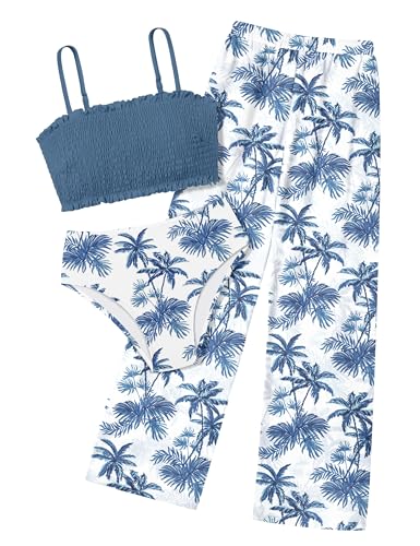 Image of NECIOUS Girls Swimsuit, 3 Piece Bikini Bathing Suit Tropical Floral Swimwear with Cover Up Pants 7-16Y