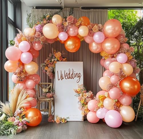 Image of Pink Orange Balloons Double Stuffed Pearl Balloon Arch Latex Rose Light Pink Nude Balloon Garland for Birthday Baby Shower Wildflower Wedding Bridal Shower Warmful Home Party Decoration