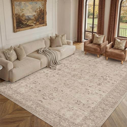PureCozy 6x9 Living Room Area Rug Brown Washable Vintage Floral Carpet