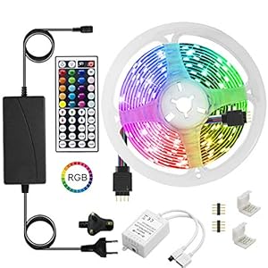 Ruban à LED,5M(16.5Ft) 5050 LED Bande d’éclairage couleur RVB avec télécommande IR 44 touches et installation facile Lumières d’ambiance multicolores pour la maison,Découpable[Classe énergétique A+++]