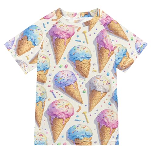 Cute Ice Cream Pattern Kids Bathing Suits Girls Short Sleeves Activees Swimwear Beach Tops 3T