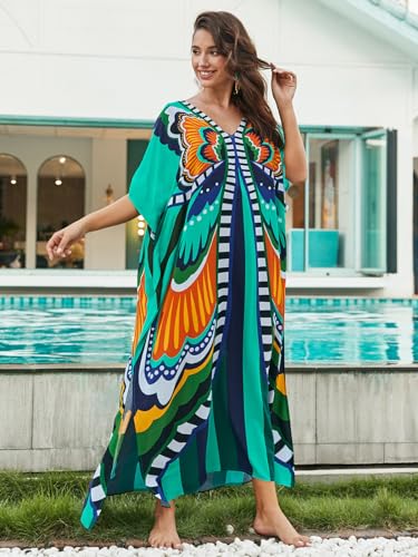 Image of sunforyou Kaftan Dresses for Women Plus Size Lightweight Swimsuit Cover up Batwing Sleeve Print Loungewear Beach Robe