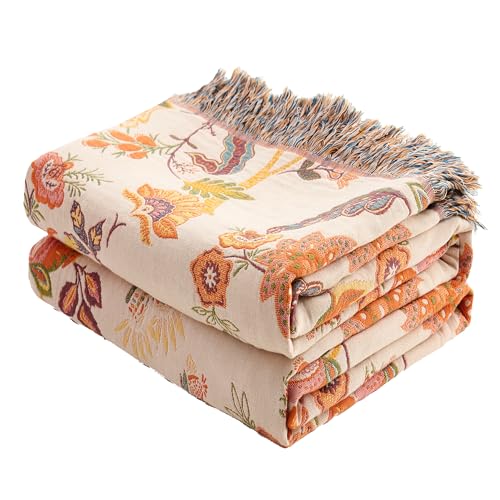 Image of VANJOROY Boho Throw Blanket for Bed Couch 50 inch x 60 inch, 100% Organic Cotton Skin-Friendly Ultra Soft Quilt Throw - Floral Rustic Living Room Decor Luxury Reversible Blanket for Sofa Chair and Gift