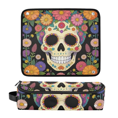 Bolsa de viaje y alfombrilla resistente al calor para herramientas de cabello, organizador para rizadores, planchas y estilizadores con diseño de calavera azucarada floral Día de los Muertos miniatura 3