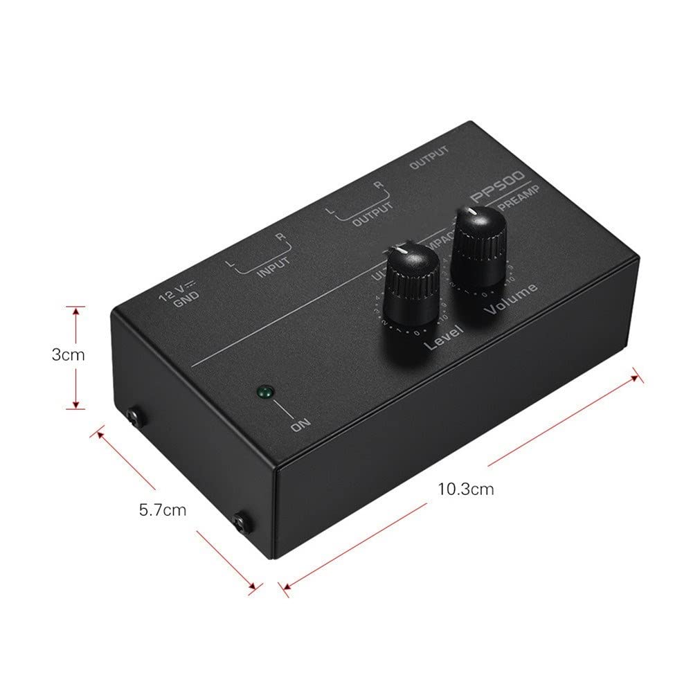 Phono - Preamplificador de tocadiscos, mini fonógrafo estéreo de audio, adaptador de corriente CC 12 V separado, entrada RCA, salida RCA y preamplificador de bajo ruido, portátil, operación de control